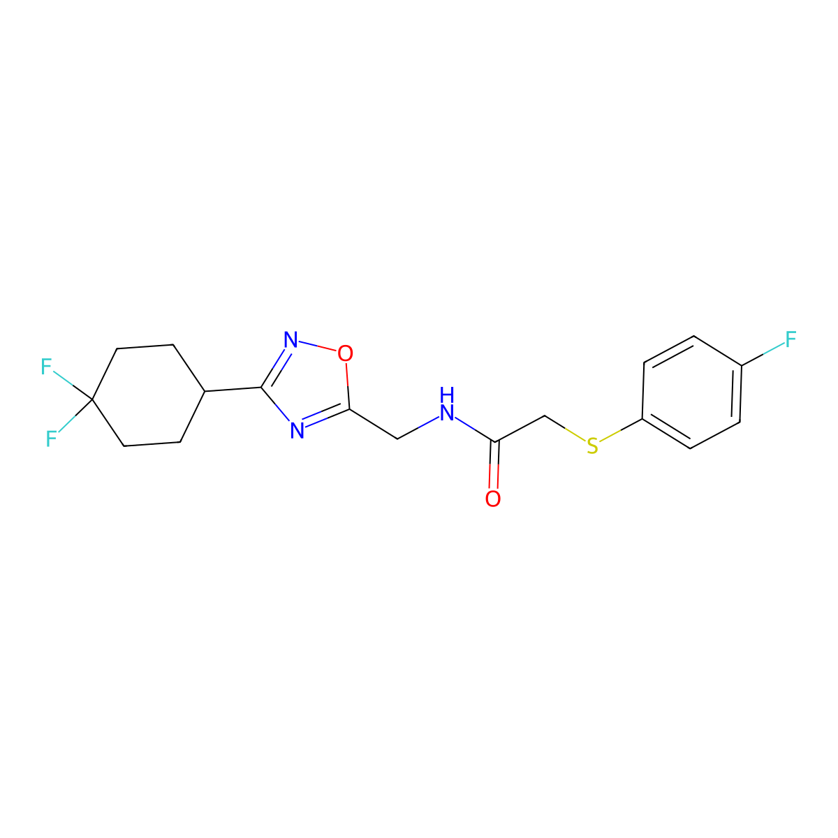 N-((3-(4,4-difluorocyclohexyl)-1,2,4-oxadiazol-5-yl)methyl)-2-((4-fluorophenyl)thio)acetamide molecular structure, CAS 2034305-95-6
