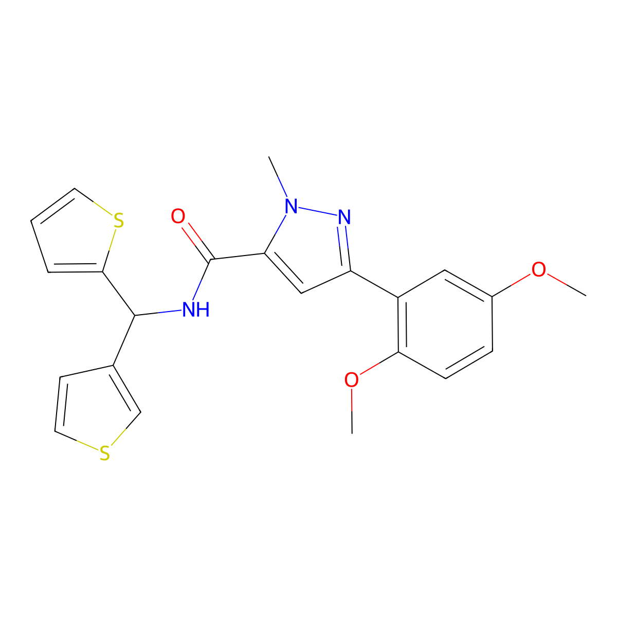 3-(2,5-dimethoxyphenyl)-1-methyl-N-(thiophen-2-yl(thiophen-3-yl)methyl)-1H-pyrazole-5-carboxamide molecular structure, CAS 2034306-00-6