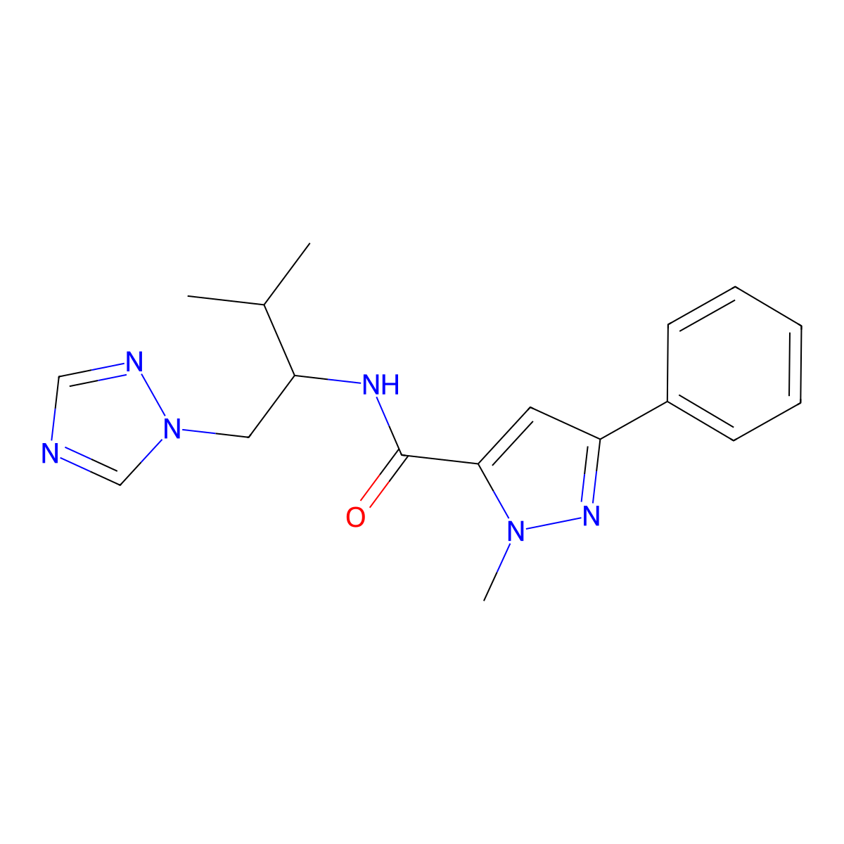 1-methyl-N-[3-methyl-1-(1H-1,2,4-triazol-1-yl)butan-2-yl]-3-phenyl-1H-pyrazole-5-carboxamide molecular structure, CAS 2034306-05-1