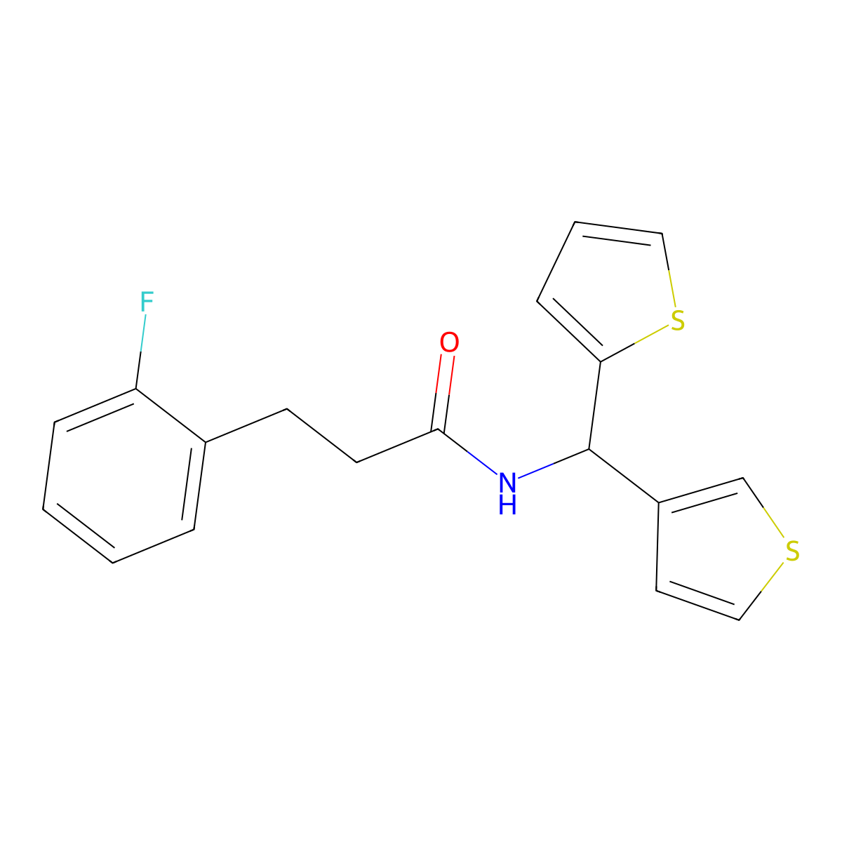 3-(2-fluorophenyl)-N-(thiophen-2-yl(thiophen-3-yl)methyl)propanamide molecular structure, CAS 2034306-13-1