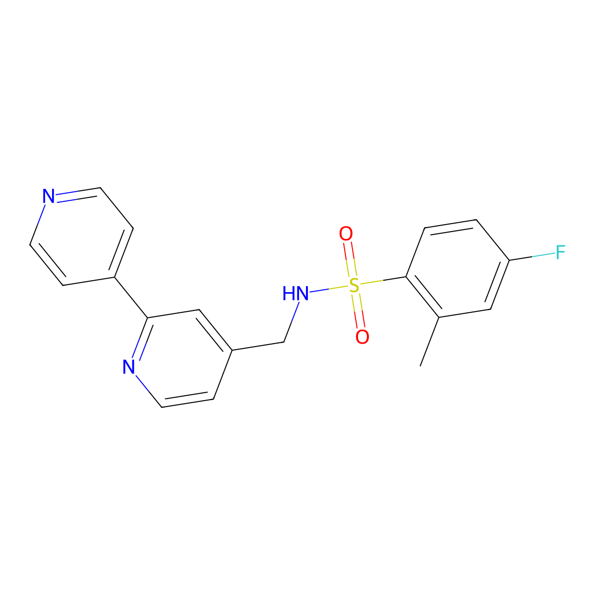 N-({[2,4'-bipyridine]-4-yl}methyl)-4-fluoro-2-methylbenzene-1-sulfonamide molecular structure, CAS 2034306-14-2