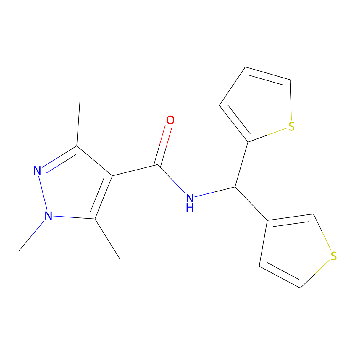 1,3,5-trimethyl-N-(thiophen-2-yl(thiophen-3-yl)methyl)-1H-pyrazole-4-carboxamide molecular structure, CAS 2034306-21-1