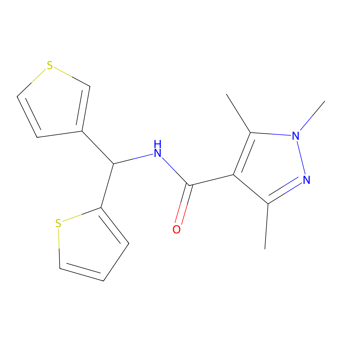 1,3,5-trimethyl-N-(thiophen-2-yl(thiophen-3-yl)methyl)-1H-pyrazole-4-carboxamide molecular structure, CAS 2034306-21-1