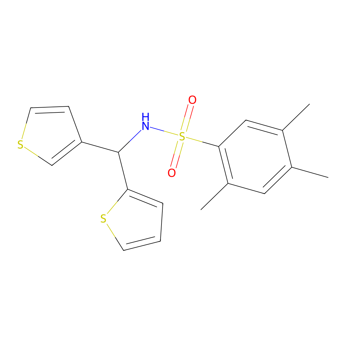 2,4,5-trimethyl-N-(thiophen-2-yl(thiophen-3-yl)methyl)benzenesulfonamide molecular structure, CAS 2034306-35-7