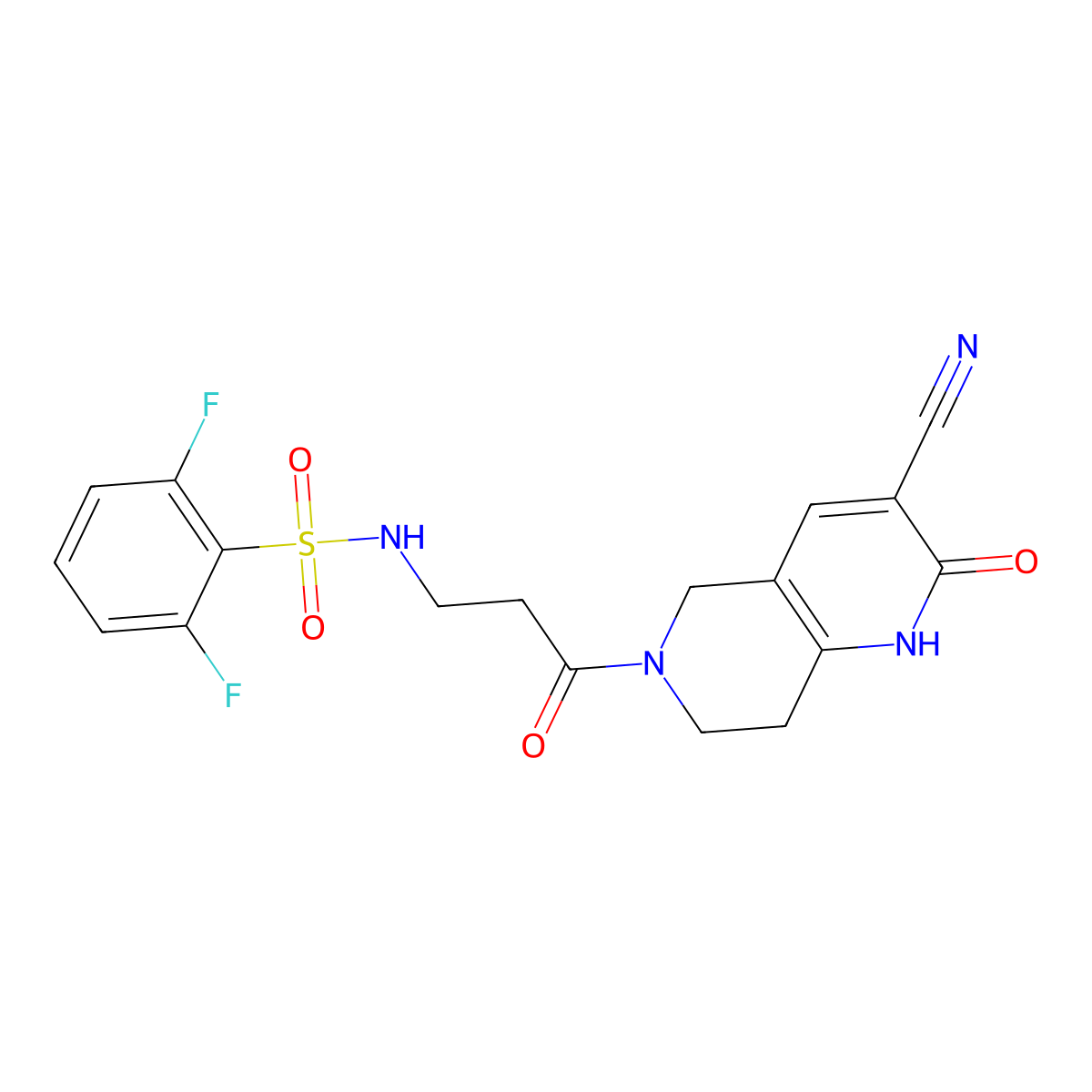 N-(3-(3-cyano-2-oxo-1,2,7,8-tetrahydro-1,6-naphthyridin-6(5H)-yl)-3-oxopropyl)-2,6-difluorobenzenesulfonamide molecular structure, CAS 2034306-37-9