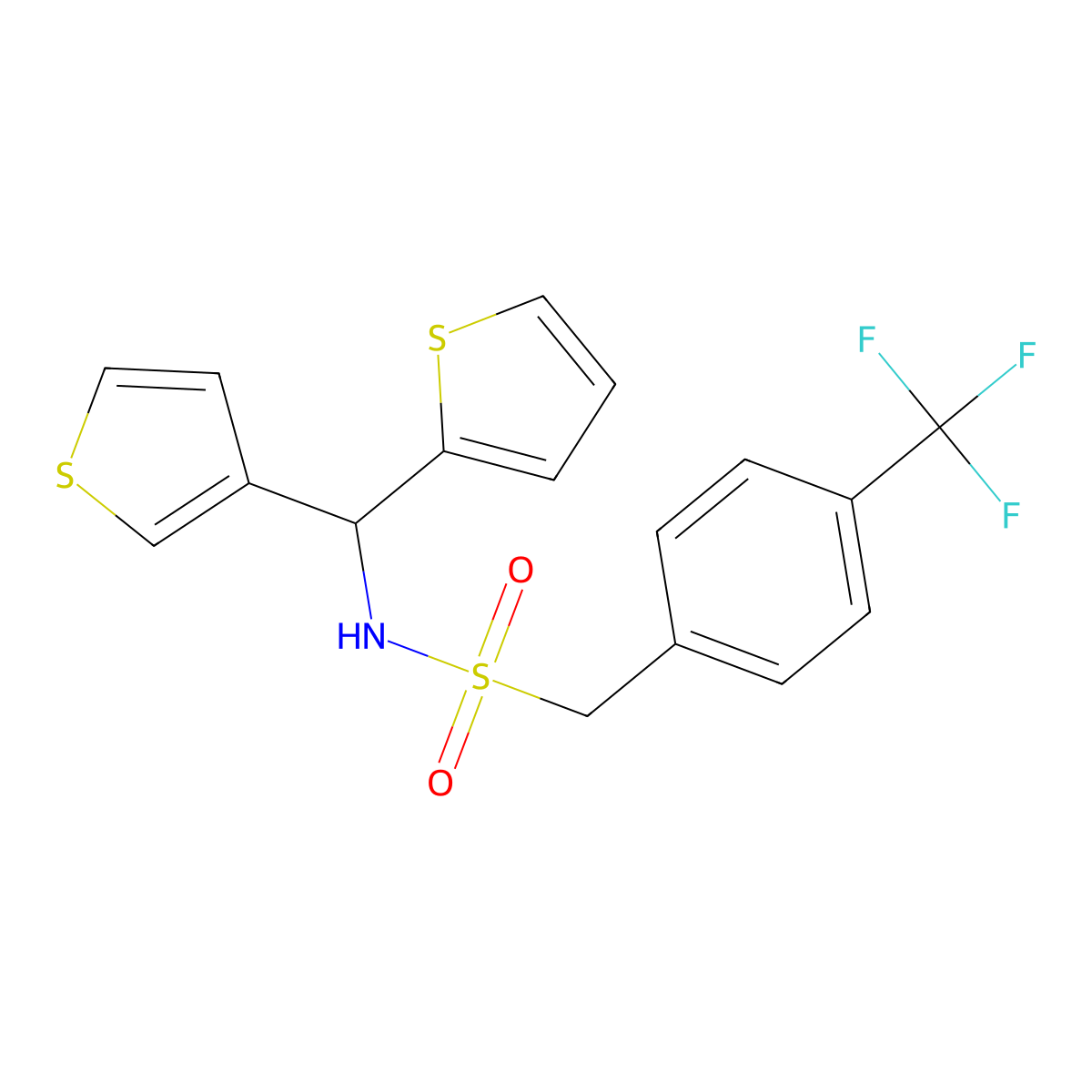 N-(thiophen-2-yl(thiophen-3-yl)methyl)-1-(4-(trifluoromethyl)phenyl)methanesulfonamide molecular structure, CAS 2034306-47-1