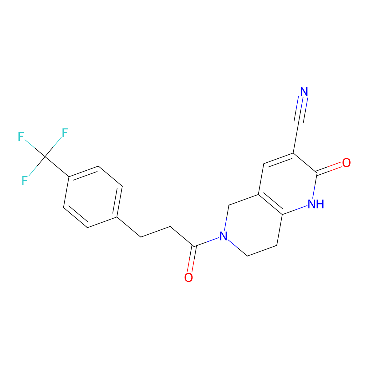 2-Oxo-6-(3-(4-(trifluoromethyl)phenyl)propanoyl)-1,2,5,6,7,8-hexahydro-1,6-naphthyridine-3-carbonitrile molecular structure, CAS 2034306-50-6