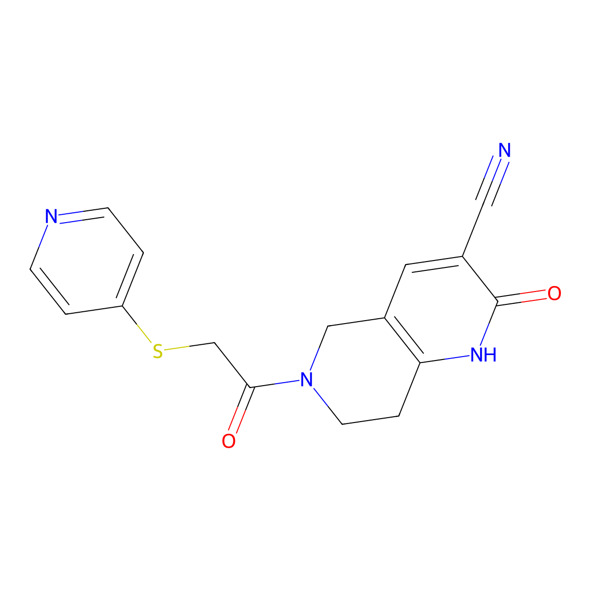 2-Oxo-6-(2-(pyridin-4-ylthio)acetyl)-1,2,5,6,7,8-hexahydro-1,6-naphthyridine-3-carbonitrile molecular structure, CAS 2034306-60-8