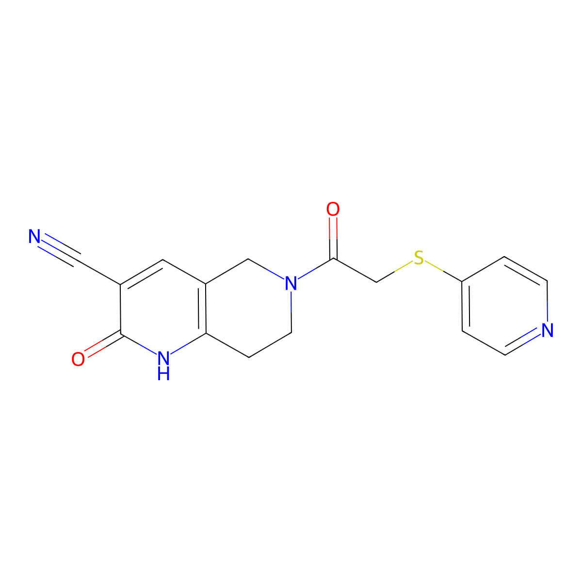 2-Oxo-6-(2-(pyridin-4-ylthio)acetyl)-1,2,5,6,7,8-hexahydro-1,6-naphthyridine-3-carbonitrile molecular structure, CAS 2034306-60-8