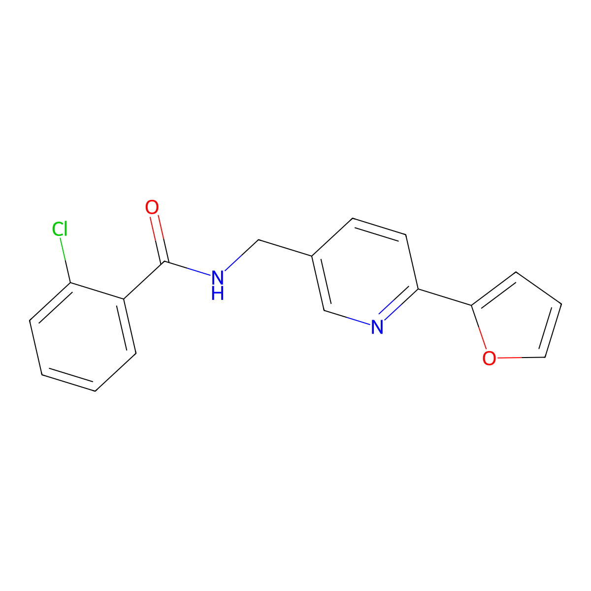 2-chloro-N-((6-(furan-2-yl)pyridin-3-yl)methyl)benzamide molecular structure, CAS 2034306-64-2