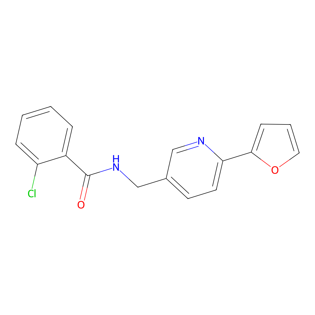 2-chloro-N-((6-(furan-2-yl)pyridin-3-yl)methyl)benzamide molecular structure, CAS 2034306-64-2