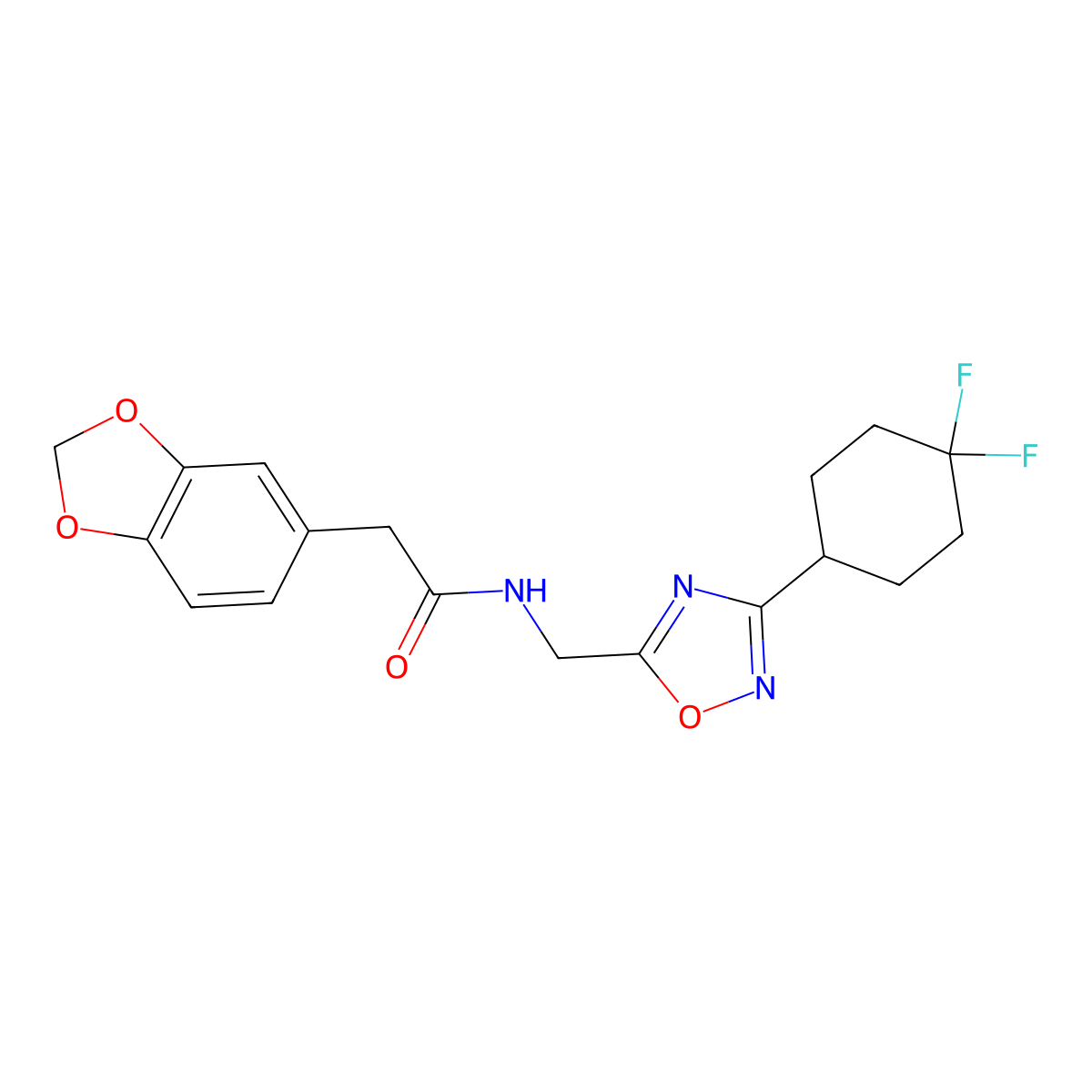 2-(benzo[d][1,3]dioxol-5-yl)-N-((3-(4,4-difluorocyclohexyl)-1,2,4-oxadiazol-5-yl)methyl)acetamide molecular structure, CAS 2034306-65-3
