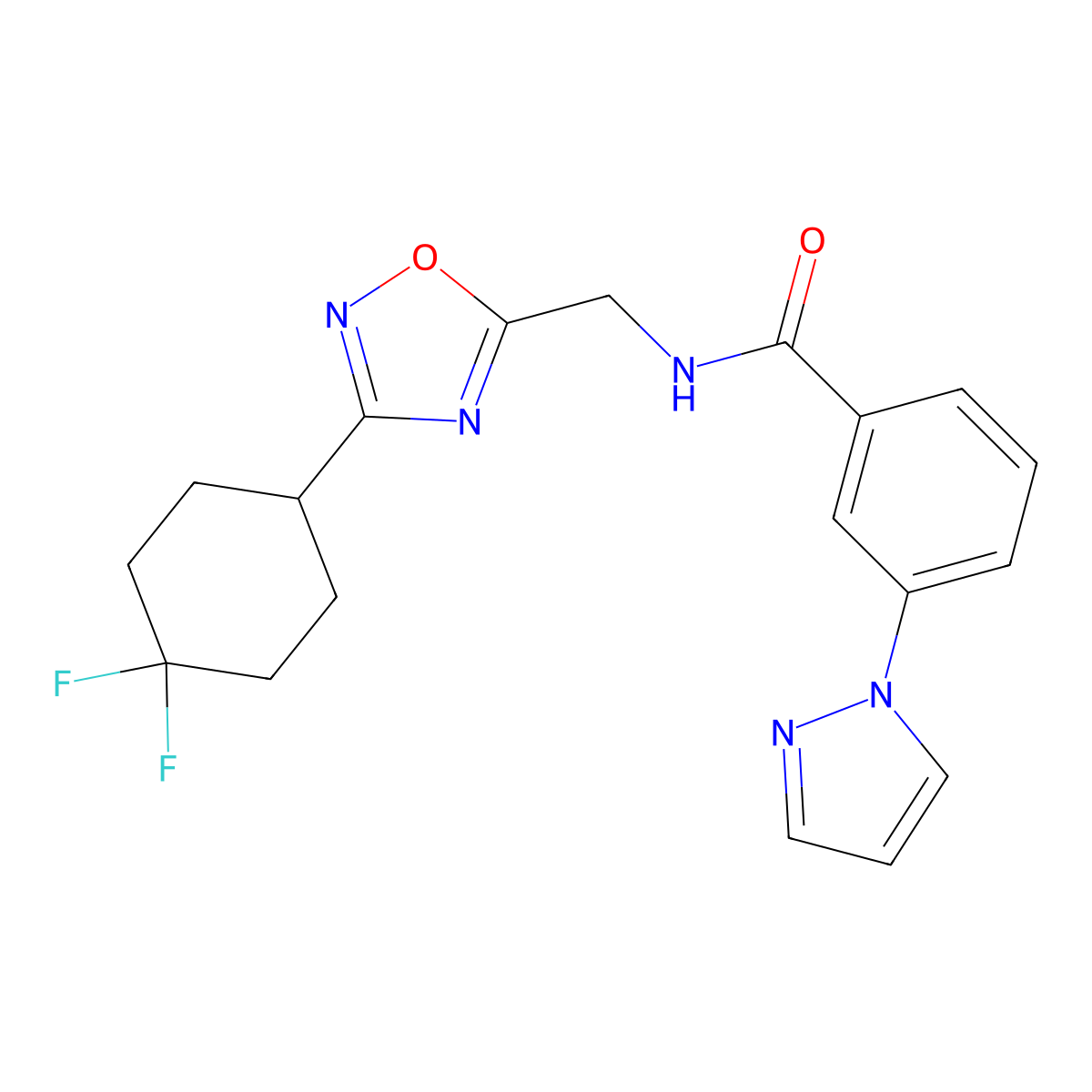 N-{[3-(4,4-difluorocyclohexyl)-1,2,4-oxadiazol-5-yl]methyl}-3-(1H-pyrazol-1-yl)benzamide molecular structure, CAS 2034306-74-4