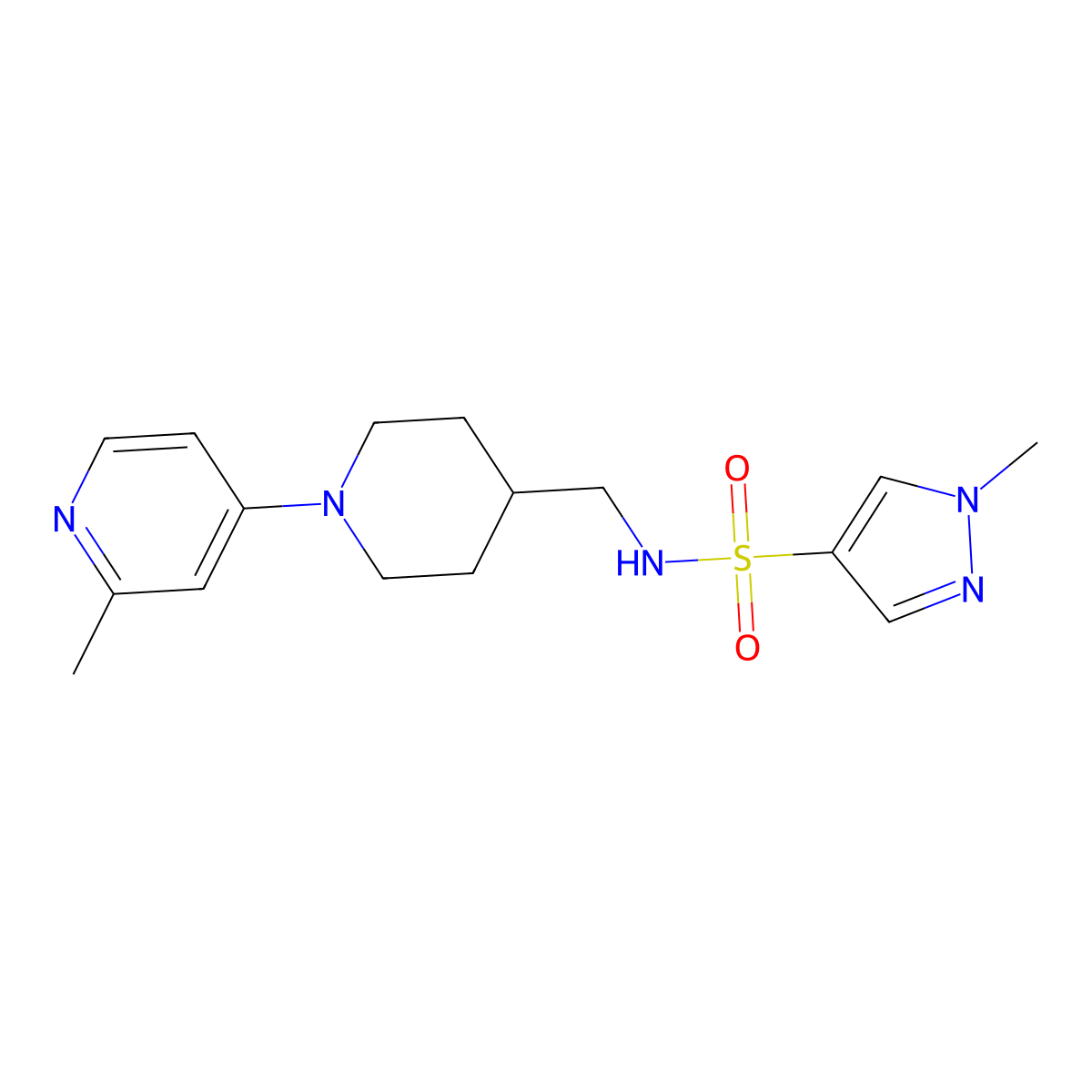 1-methyl-N-((1-(2-methylpyridin-4-yl)piperidin-4-yl)methyl)-1H-pyrazole-4-sulfonamide molecular structure, CAS 2034306-84-6