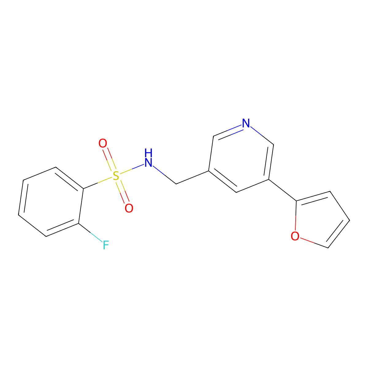 2-fluoro-N-((5-(furan-2-yl)pyridin-3-yl)methyl)benzenesulfonamide molecular structure, CAS 2034306-88-0