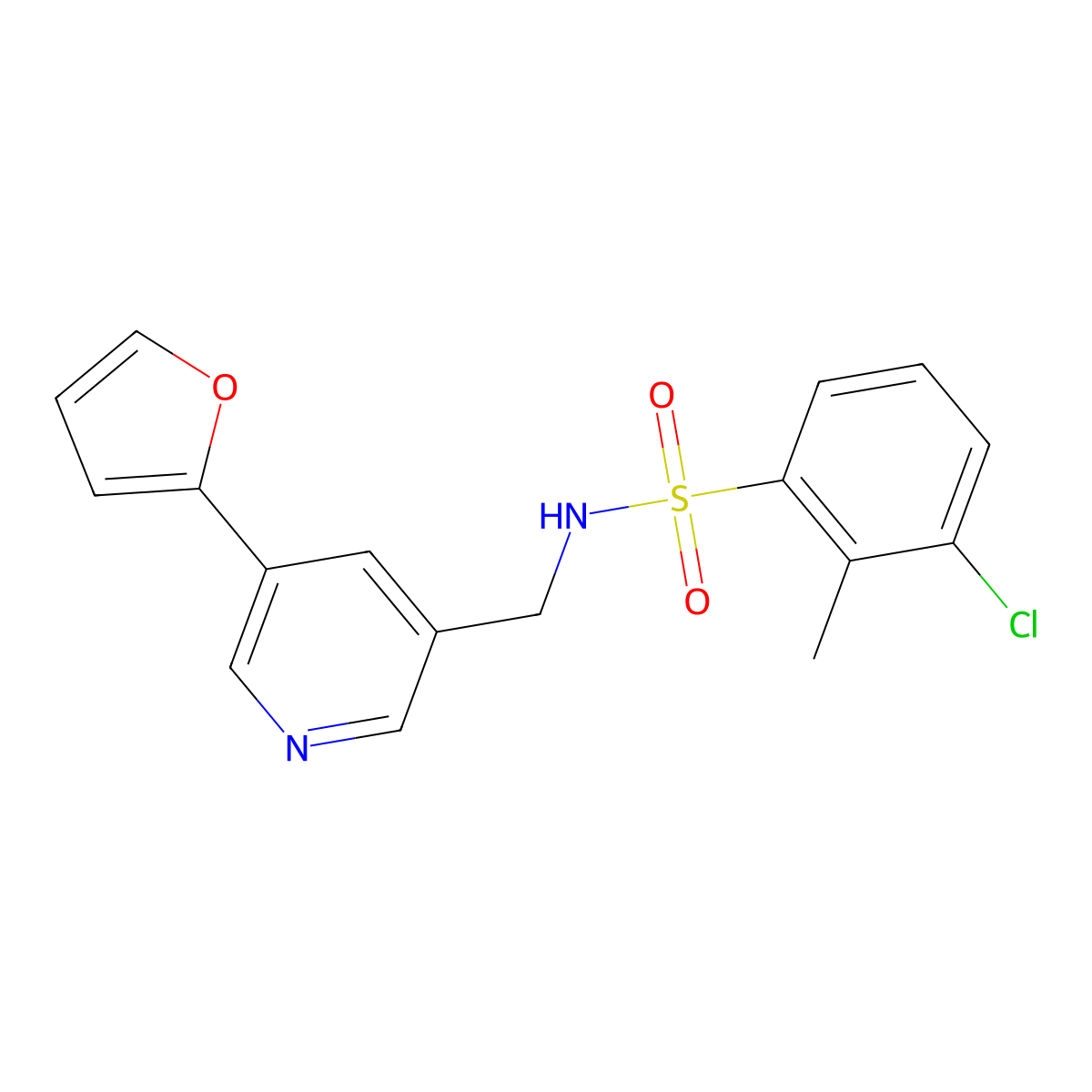 3-chloro-N-((5-(furan-2-yl)pyridin-3-yl)methyl)-2-methylbenzenesulfonamide molecular structure, CAS 2034306-94-8
