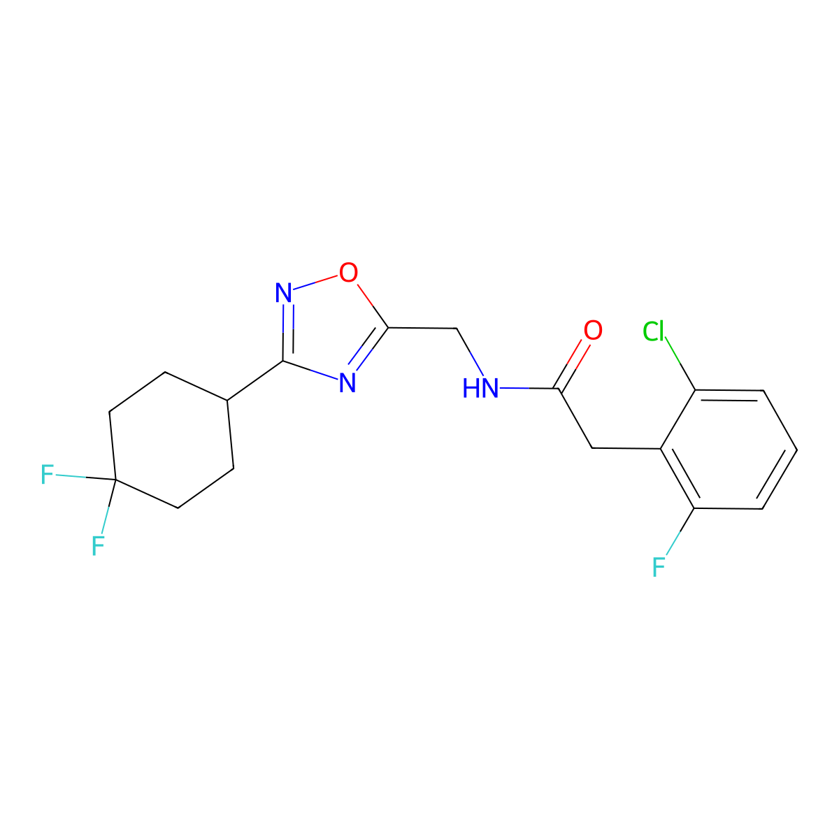 2-(2-chloro-6-fluorophenyl)-N-{[3-(4,4-difluorocyclohexyl)-1,2,4-oxadiazol-5-yl]methyl}acetamide molecular structure, CAS 2034307-07-6