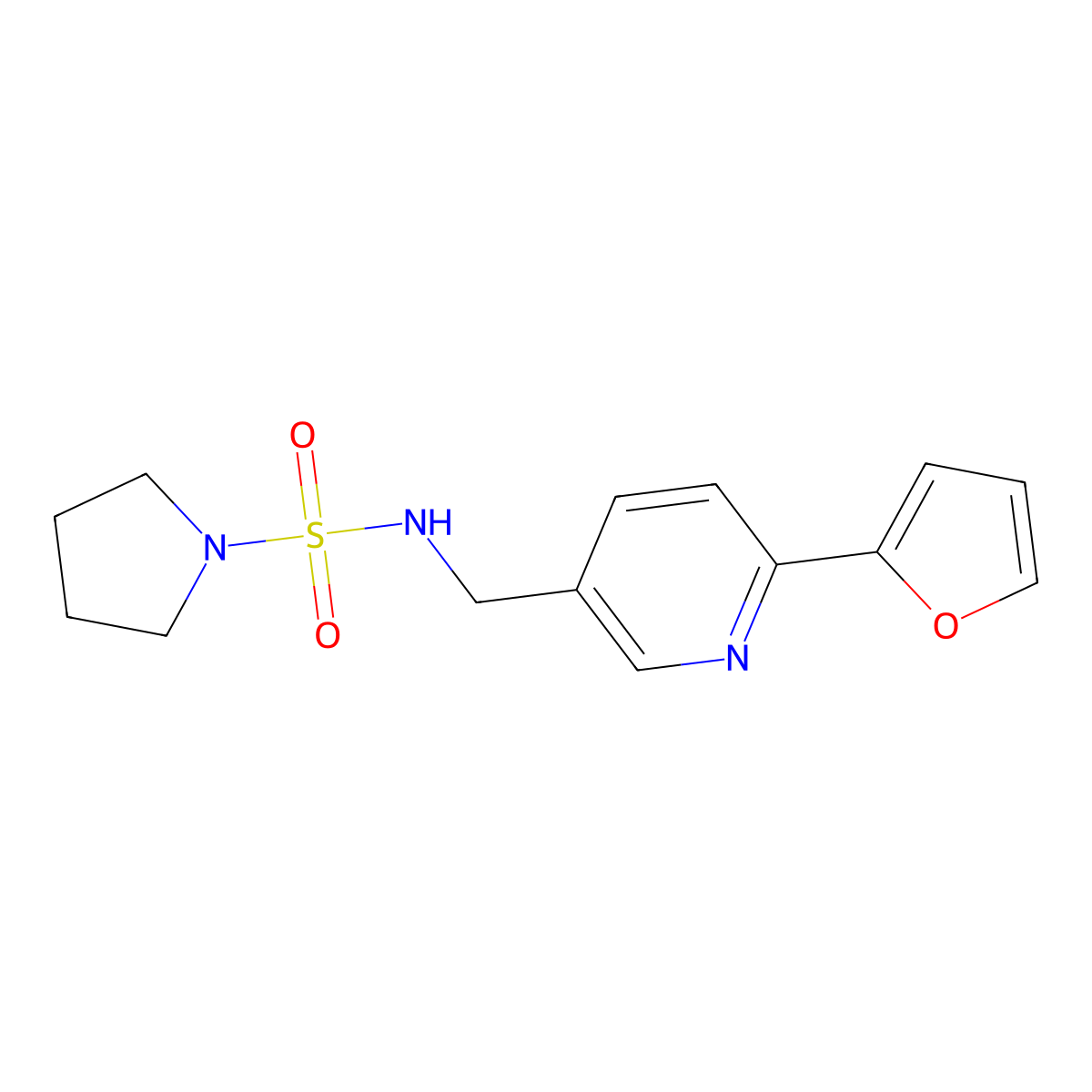 N-((6-(furan-2-yl)pyridin-3-yl)methyl)pyrrolidine-1-sulfonamide molecular structure, CAS 2034307-19-0