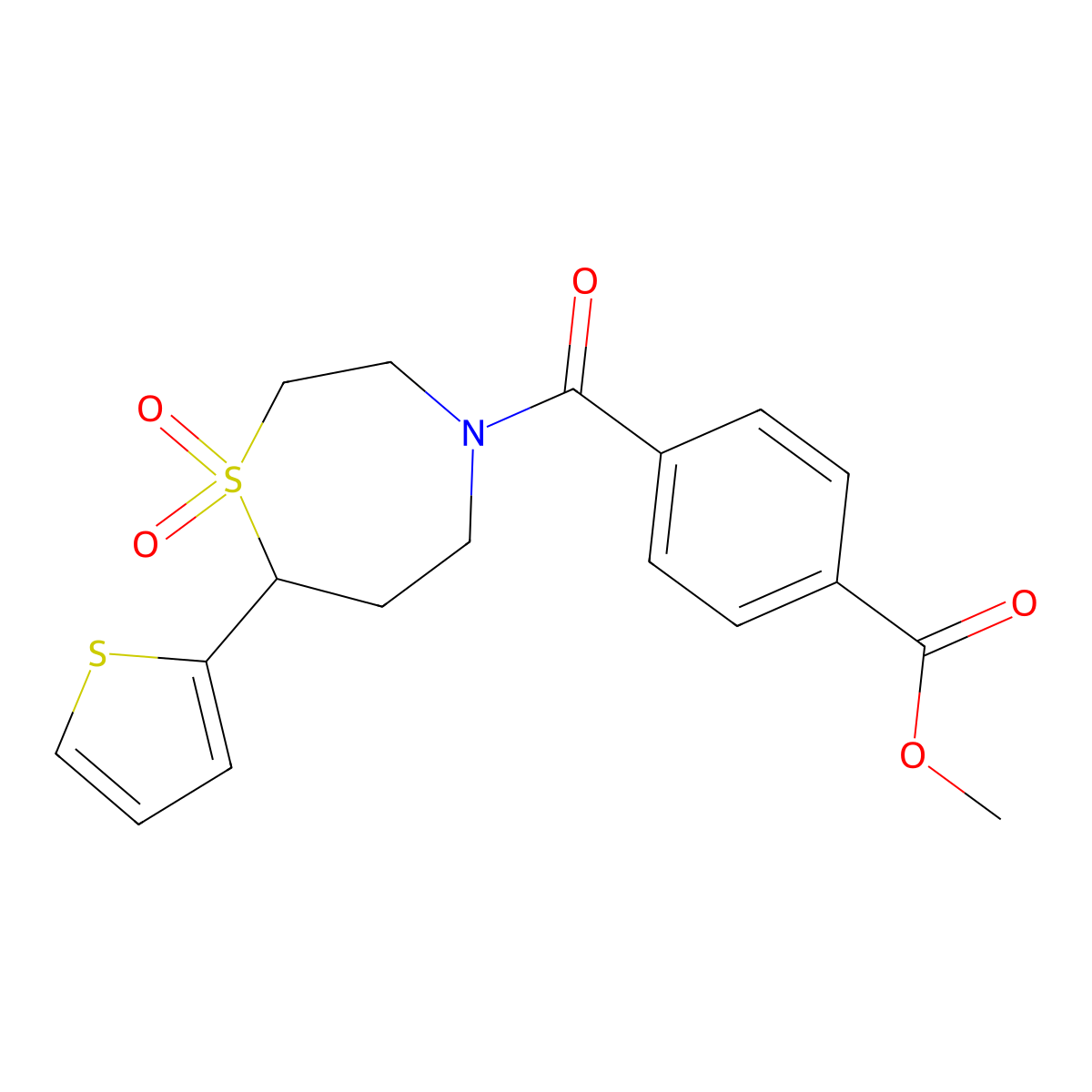 Methyl 4-(1,1-dioxido-7-(thiophen-2-yl)-1,4-thiazepane-4-carbonyl)benzoate molecular structure, CAS 2034307-25-8