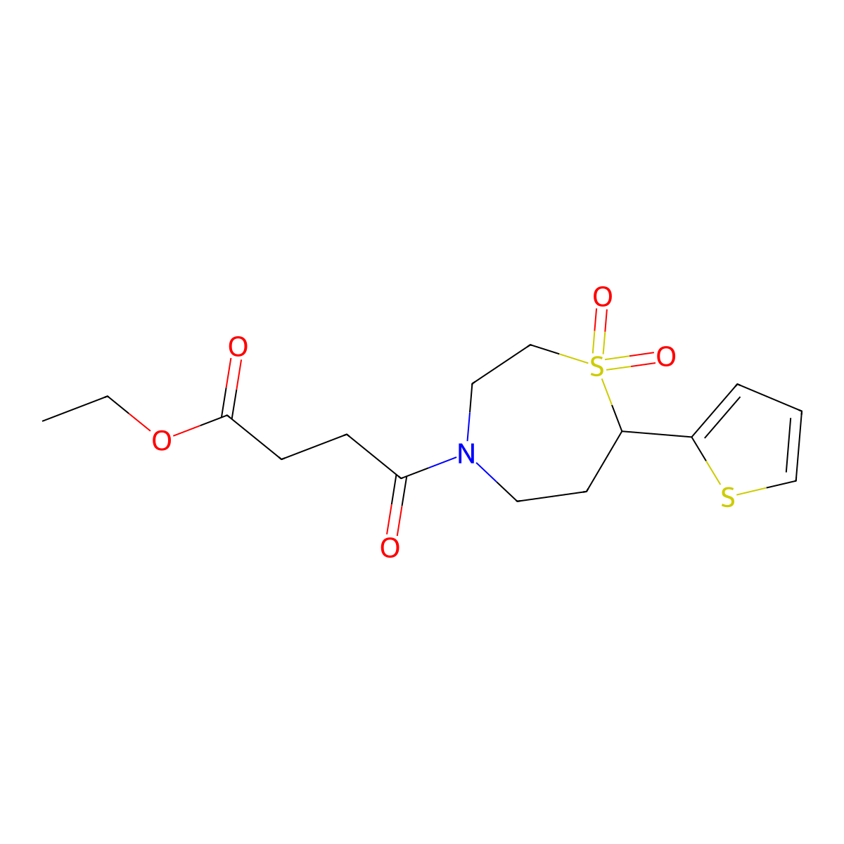 Ethyl 4-(1,1-dioxido-7-(thiophen-2-yl)-1,4-thiazepan-4-yl)-4-oxobutanoate molecular structure, CAS 2034307-32-7