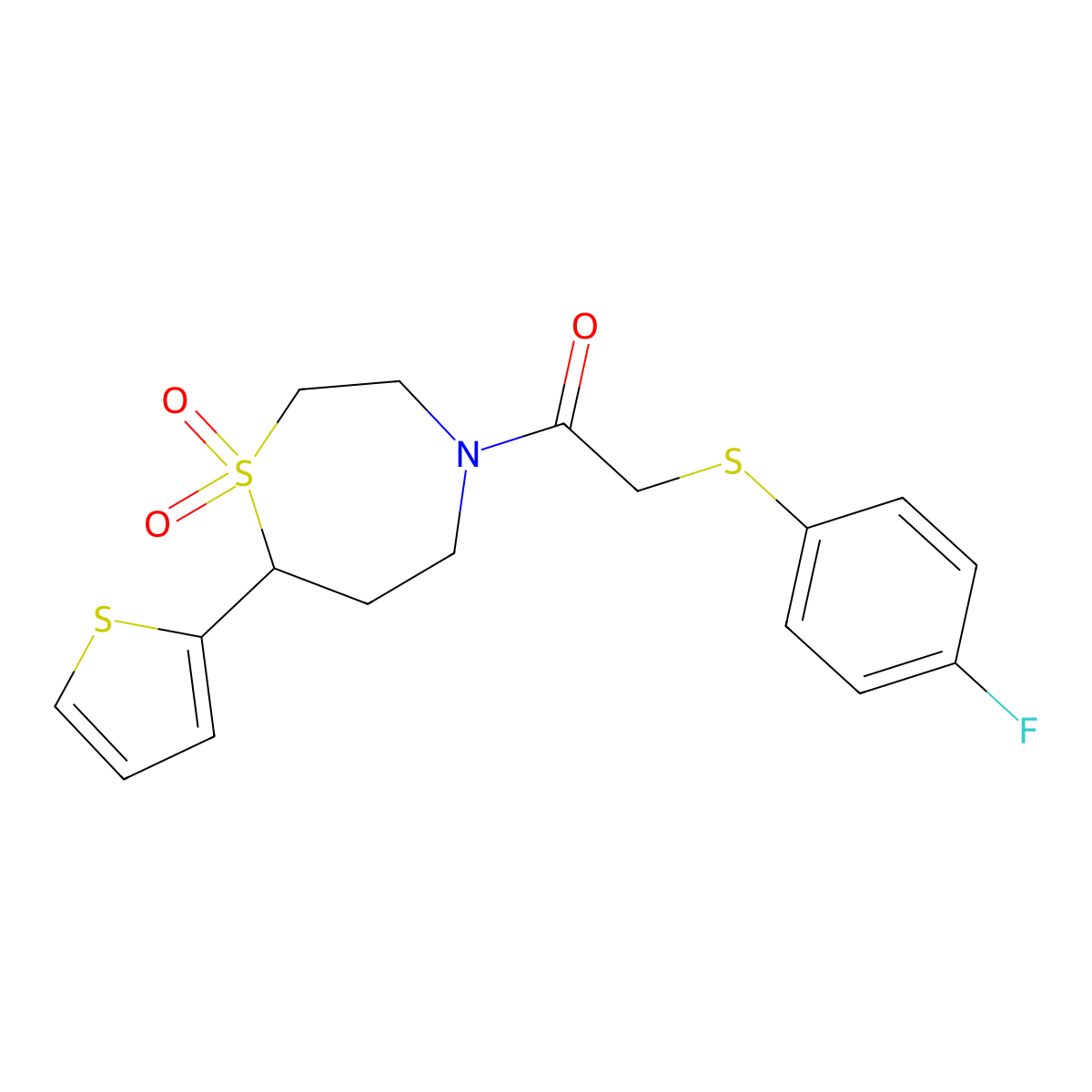 1-(1,1-Dioxido-7-(thiophen-2-yl)-1,4-thiazepan-4-yl)-2-((4-fluorophenyl)thio)ethanone molecular structure, CAS 2034307-44-1