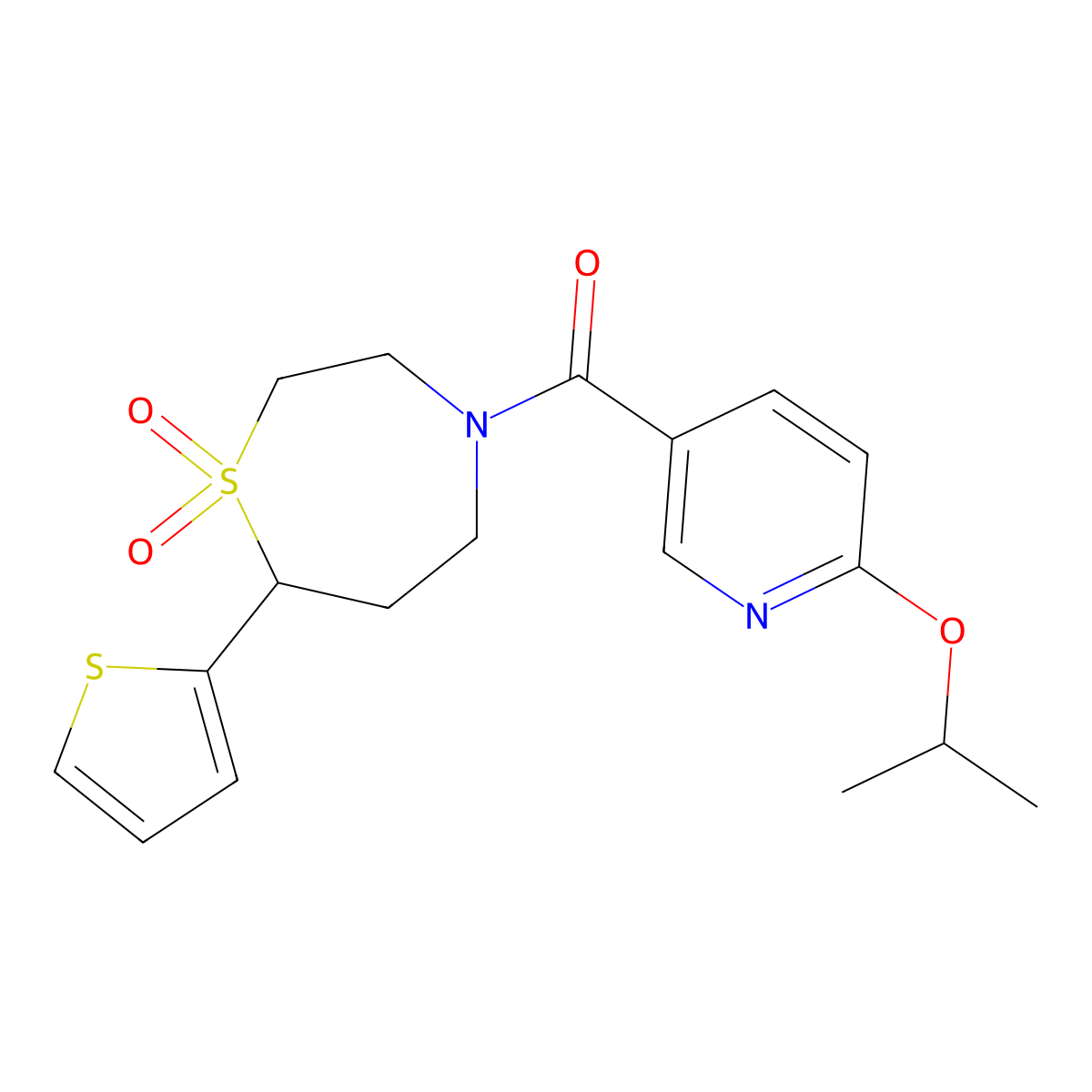 (1,1-Dioxido-7-(thiophen-2-yl)-1,4-thiazepan-4-yl)(6-isopropoxypyridin-3-yl)methanone molecular structure, CAS 2034307-54-3