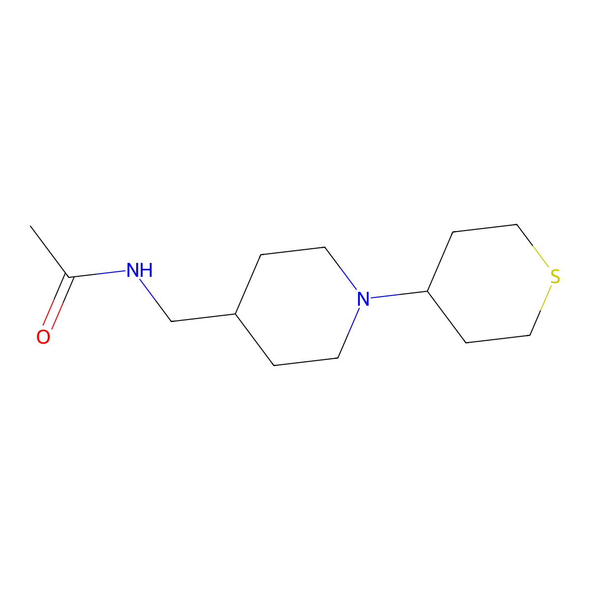 N-((1-(tetrahydro-2H-thiopyran-4-yl)piperidin-4-yl)methyl)acetamide molecular structure, CAS 2034307-57-6
