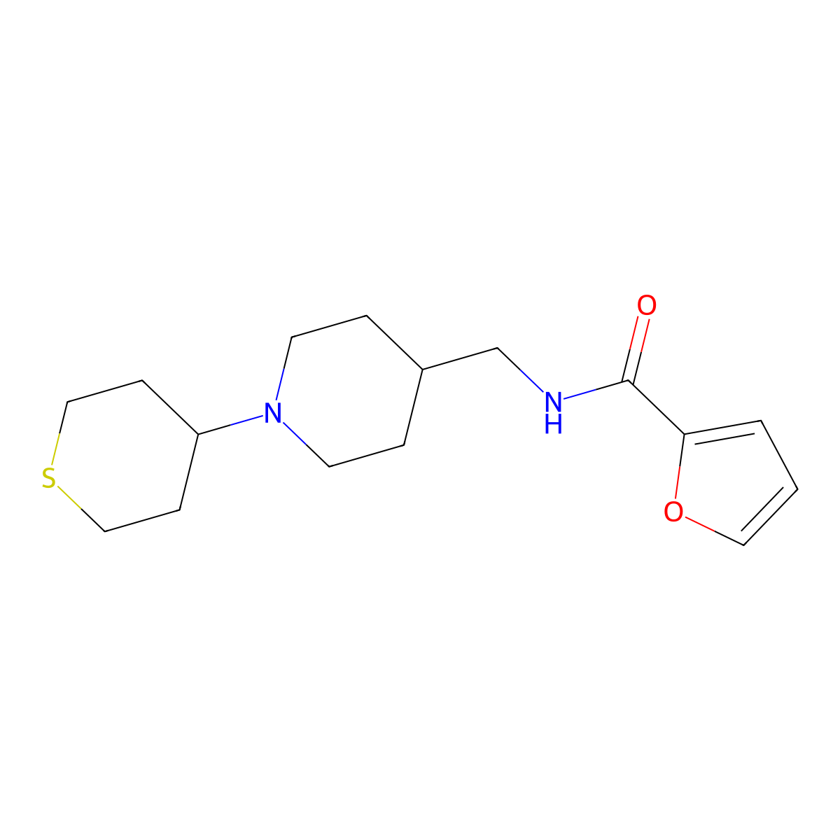 N-((1-(tetrahydro-2H-thiopyran-4-yl)piperidin-4-yl)methyl)furan-2-carboxamide molecular structure, CAS 2034307-65-6