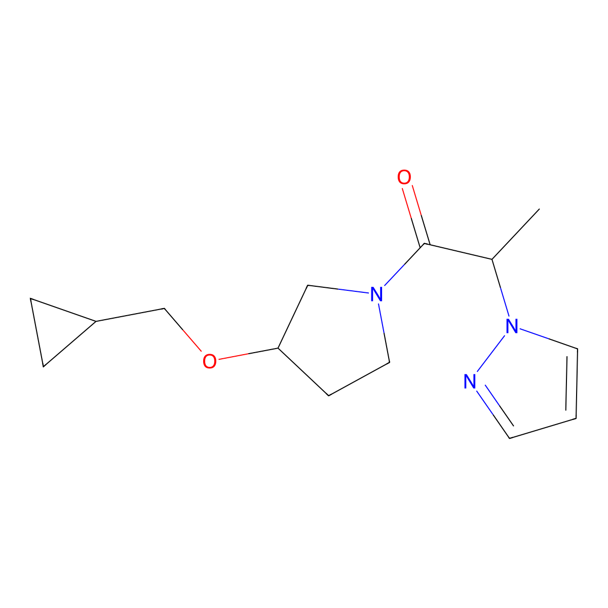 1-[3-(cyclopropylmethoxy)pyrrolidin-1-yl]-2-(1H-pyrazol-1-yl)propan-1-one molecular structure, CAS 2034307-74-7