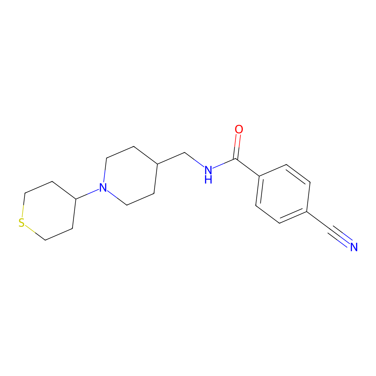 4-cyano-N-((1-(tetrahydro-2H-thiopyran-4-yl)piperidin-4-yl)methyl)benzamide molecular structure, CAS 2034307-88-3