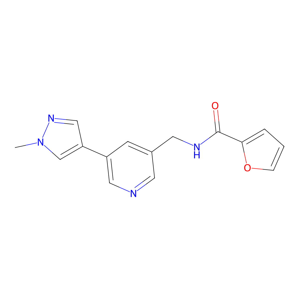 N-((5-(1-methyl-1H-pyrazol-4-yl)pyridin-3-yl)methyl)furan-2-carboxamide molecular structure, CAS 2034307-95-2