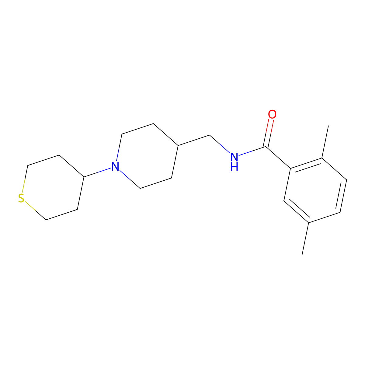2,5-dimethyl-N-((1-(tetrahydro-2H-thiopyran-4-yl)piperidin-4-yl)methyl)benzamide molecular structure, CAS 2034307-97-4