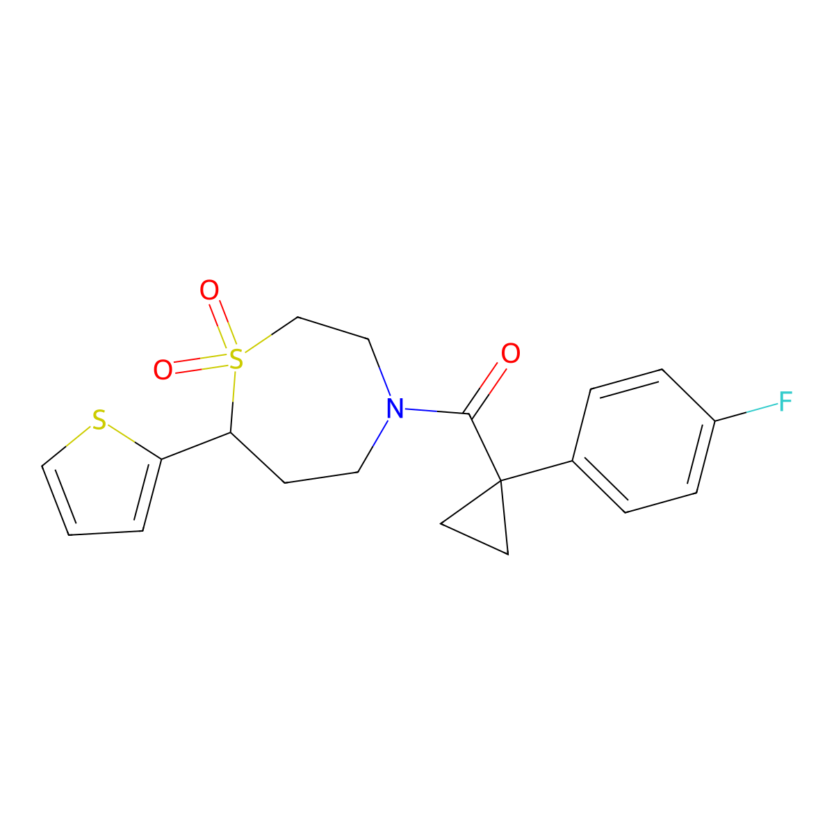 (1,1-Dioxido-7-(thiophen-2-yl)-1,4-thiazepan-4-yl)(1-(4-fluorophenyl)cyclopropyl)methanone molecular structure, CAS 2034308-00-2