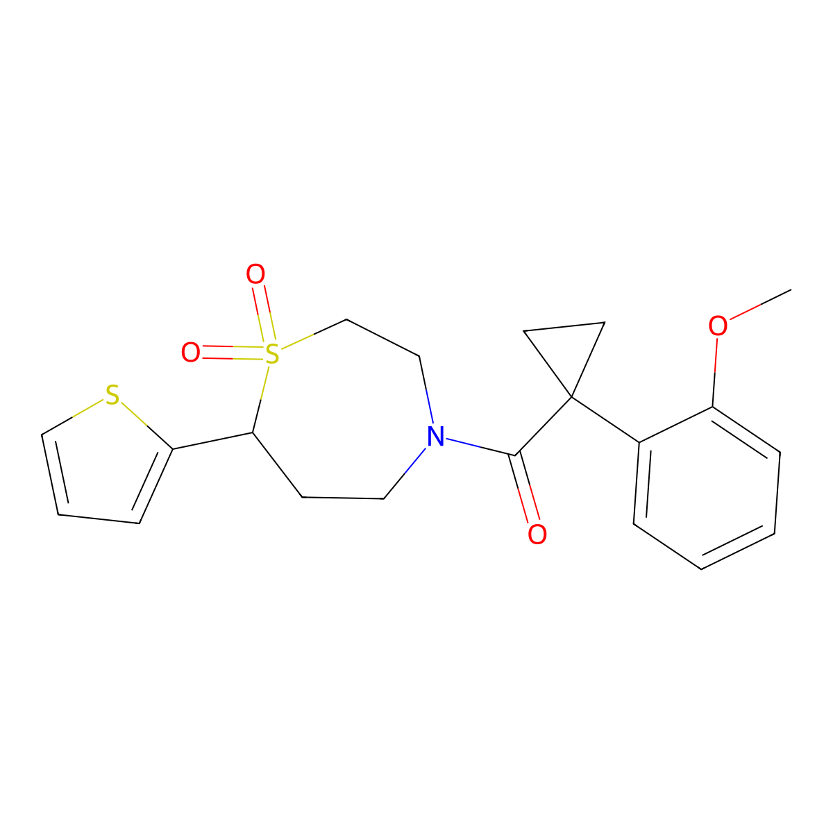(1,1-Dioxido-7-(thiophen-2-yl)-1,4-thiazepan-4-yl)(1-(2-methoxyphenyl)cyclopropyl)methanone molecular structure, CAS 2034308-04-6