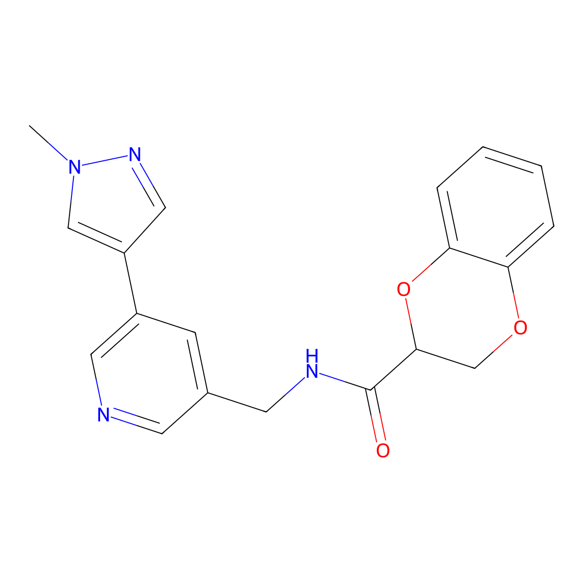 N-((5-(1-methyl-1H-pyrazol-4-yl)pyridin-3-yl)methyl)-2,3-dihydrobenzo[b][1,4]dioxine-2-carboxamide molecular structure, CAS 2034308-09-1