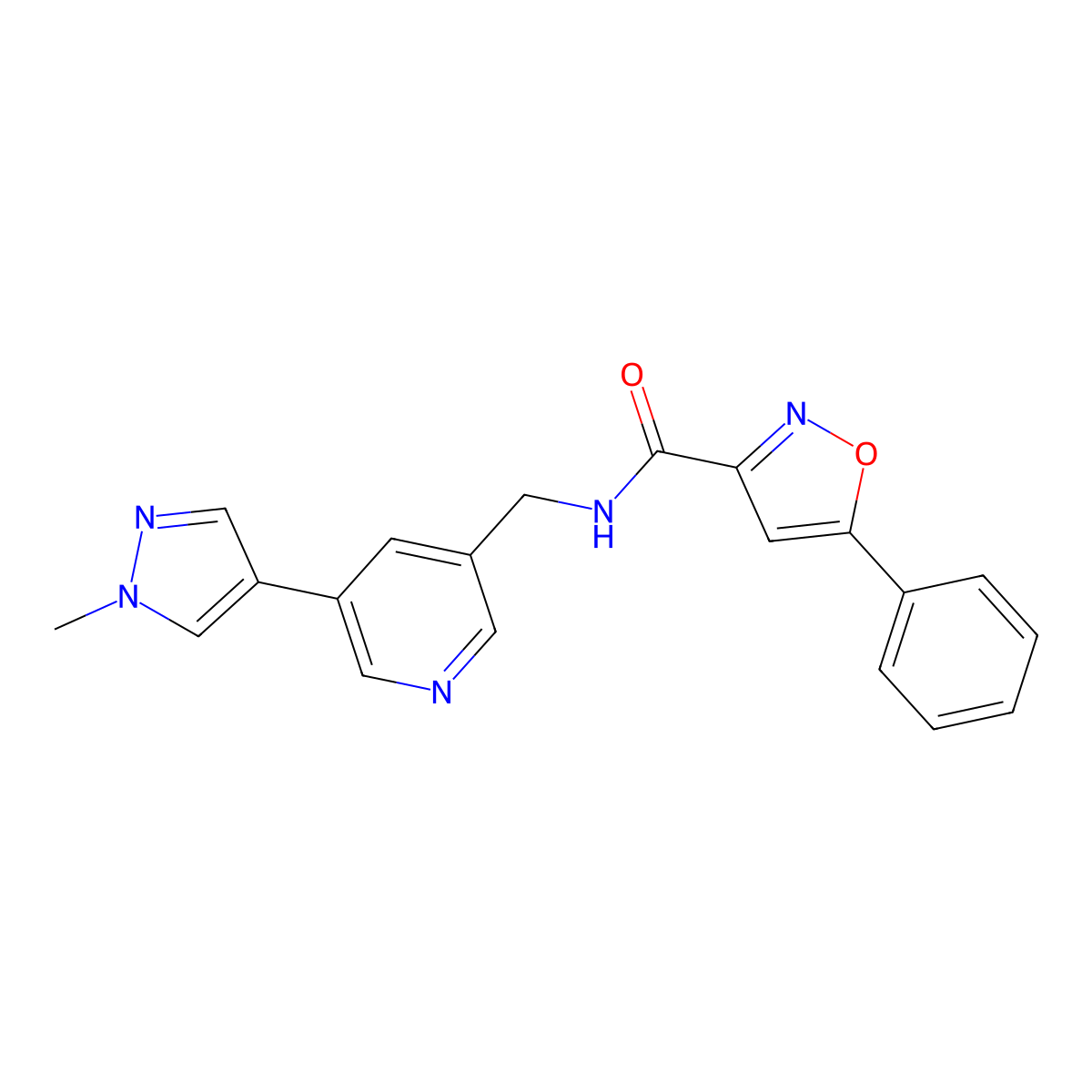 N-((5-(1-methyl-1H-pyrazol-4-yl)pyridin-3-yl)methyl)-5-phenylisoxazole-3-carboxamide molecular structure, CAS 2034308-15-9