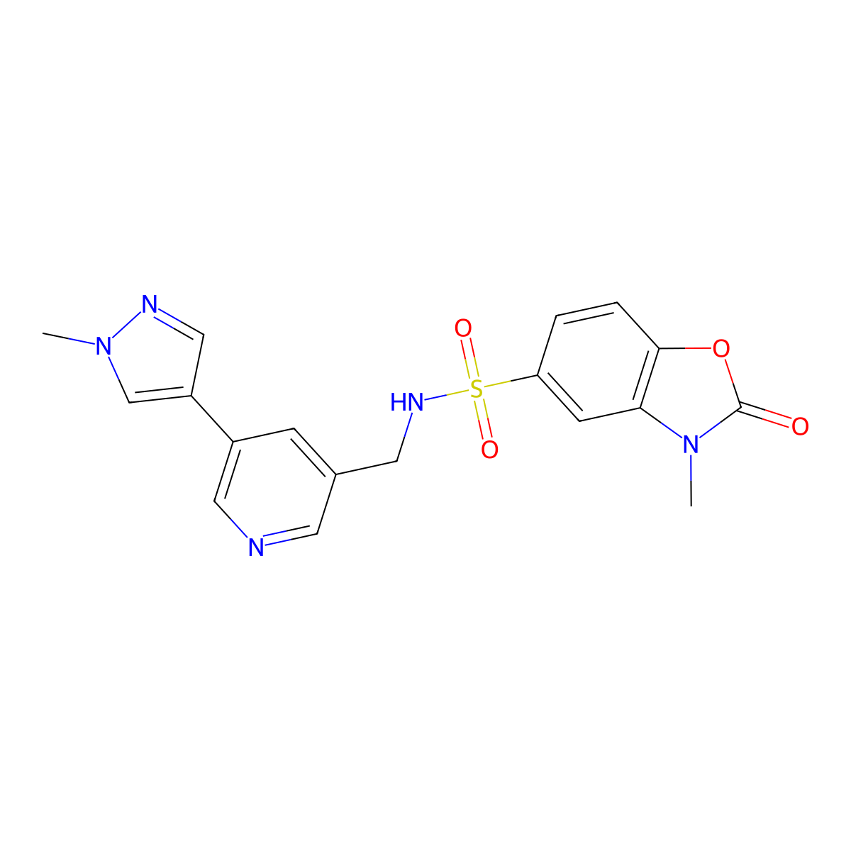 3-methyl-N-((5-(1-methyl-1H-pyrazol-4-yl)pyridin-3-yl)methyl)-2-oxo-2,3-dihydrobenzo[d]oxazole-5-sulfonamide molecular structure, CAS 2034308-16-0