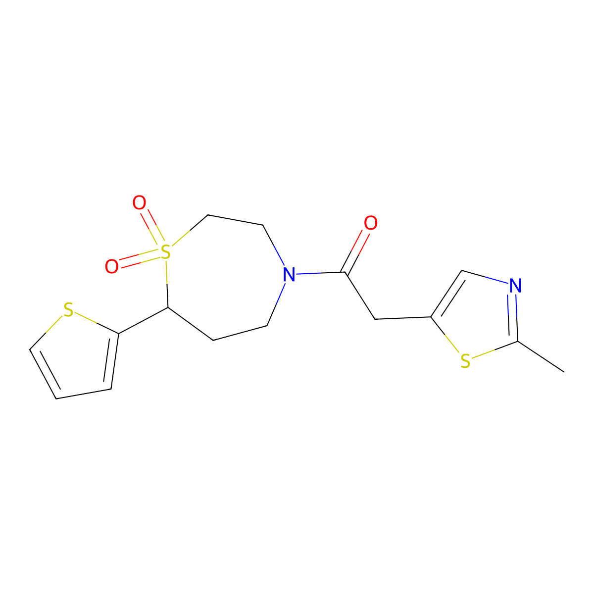 1-(1,1-Dioxido-7-(thiophen-2-yl)-1,4-thiazepan-4-yl)-2-(2-methylthiazol-5-yl)ethanone molecular structure, CAS 2034308-18-2