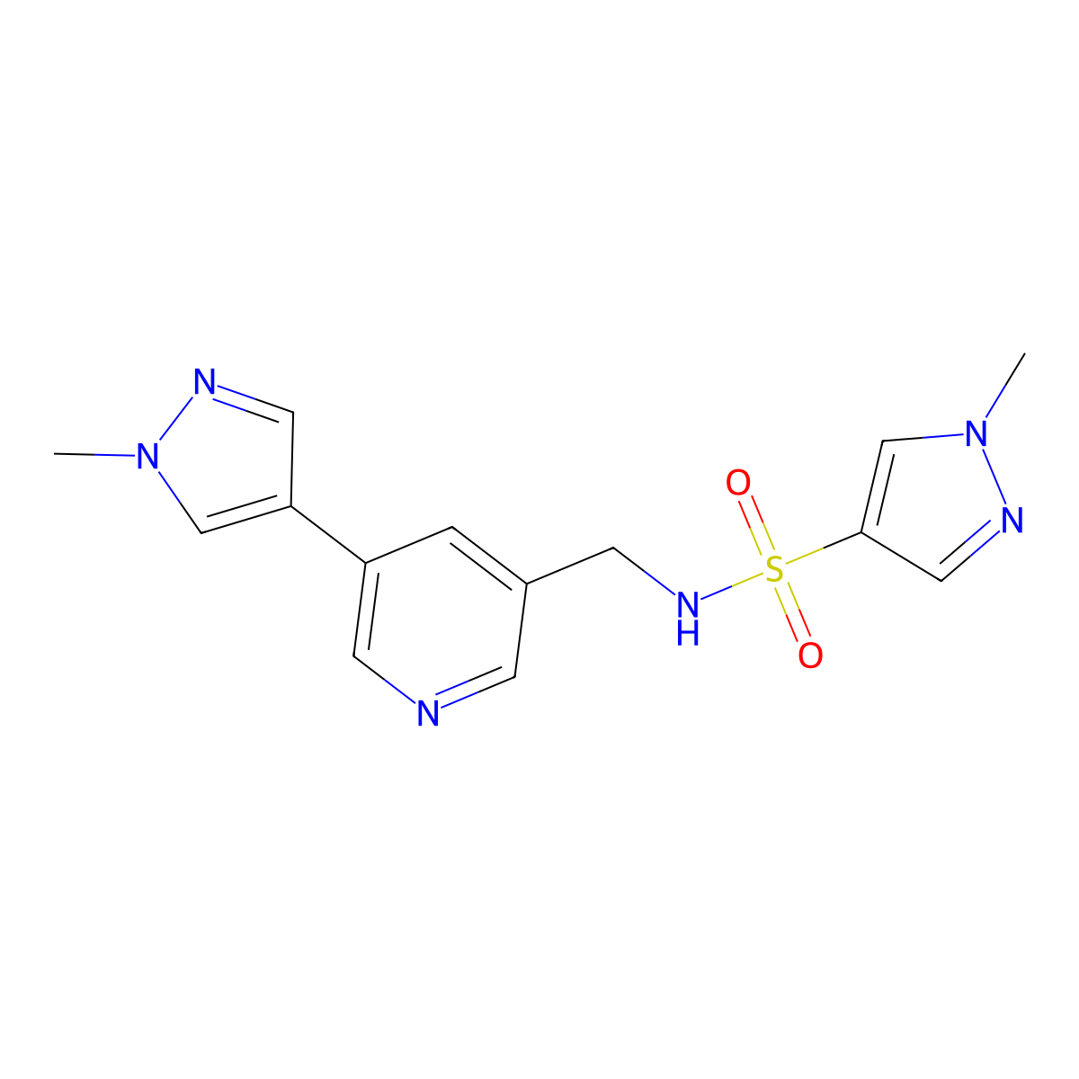 1-methyl-N-{[5-(1-methyl-1H-pyrazol-4-yl)pyridin-3-yl]methyl}-1H-pyrazole-4-sulfonamide molecular structure, CAS 2034308-21-7
