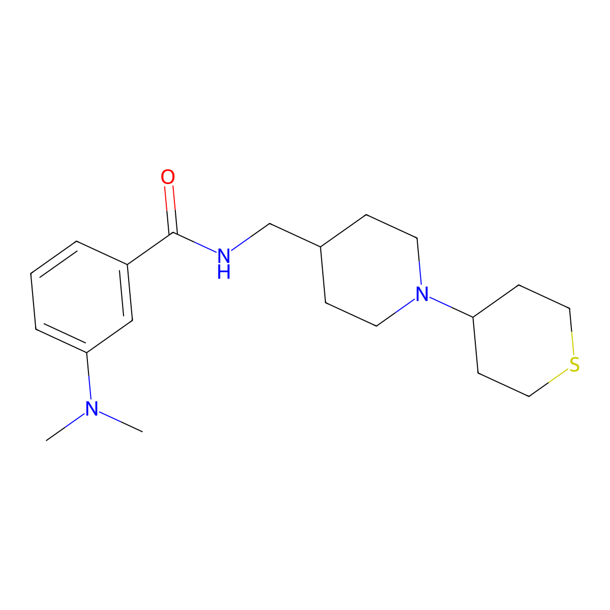 3-(dimethylamino)-N-((1-(tetrahydro-2H-thiopyran-4-yl)piperidin-4-yl)methyl)benzamide molecular structure, CAS 2034308-23-9