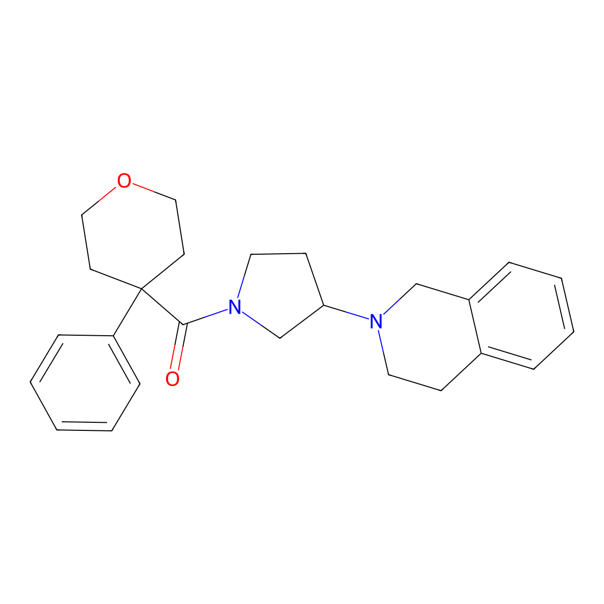 (3-(3,4-dihydroisoquinolin-2(1H)-yl)pyrrolidin-1-yl)(4-phenyltetrahydro-2H-pyran-4-yl)methanone molecular structure, CAS 2034308-24-0