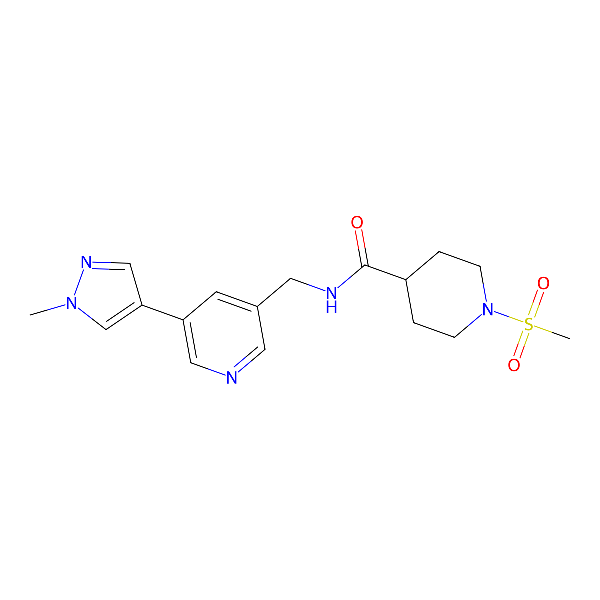 N-((5-(1-methyl-1H-pyrazol-4-yl)pyridin-3-yl)methyl)-1-(methylsulfonyl)piperidine-4-carboxamide molecular structure, CAS 2034308-25-1