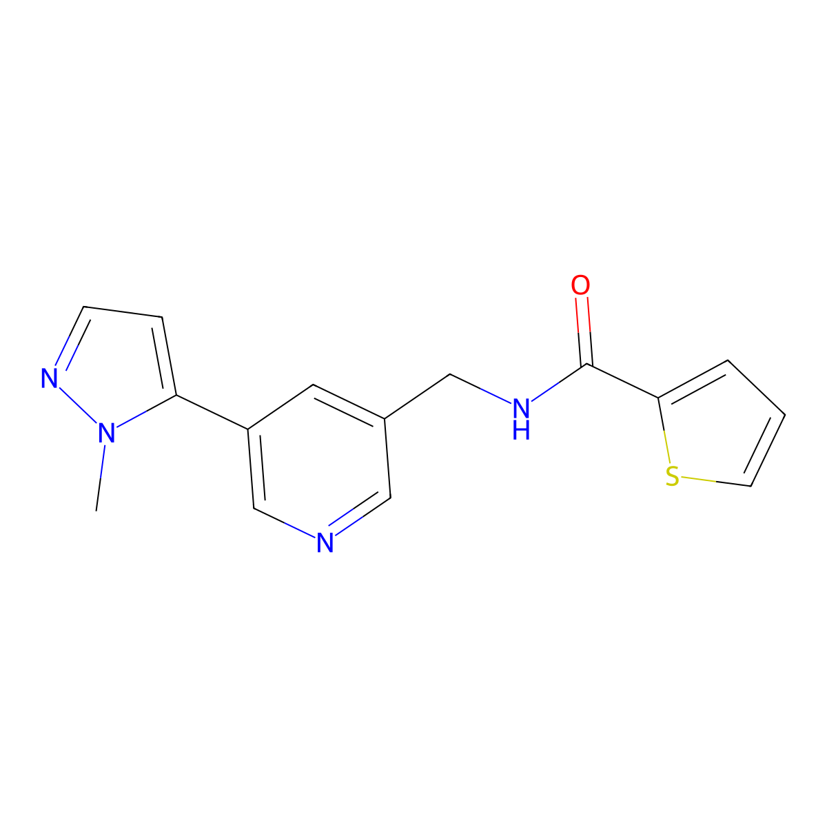 N-((5-(1-methyl-1H-pyrazol-5-yl)pyridin-3-yl)methyl)thiophene-2-carboxamide molecular structure, CAS 2034308-26-2