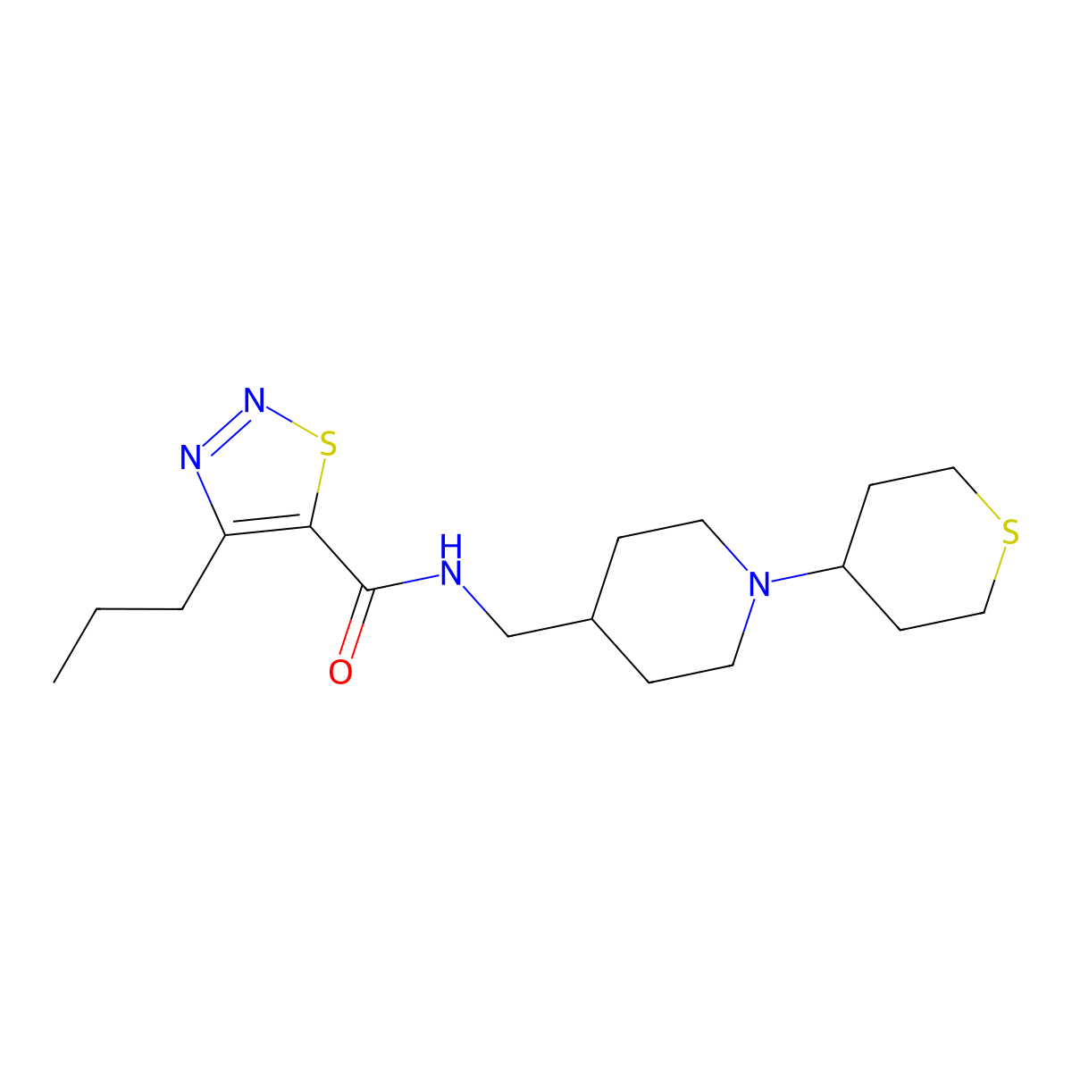4-propyl-N-((1-(tetrahydro-2H-thiopyran-4-yl)piperidin-4-yl)methyl)-1,2,3-thiadiazole-5-carboxamide molecular structure, CAS 2034308-32-0
