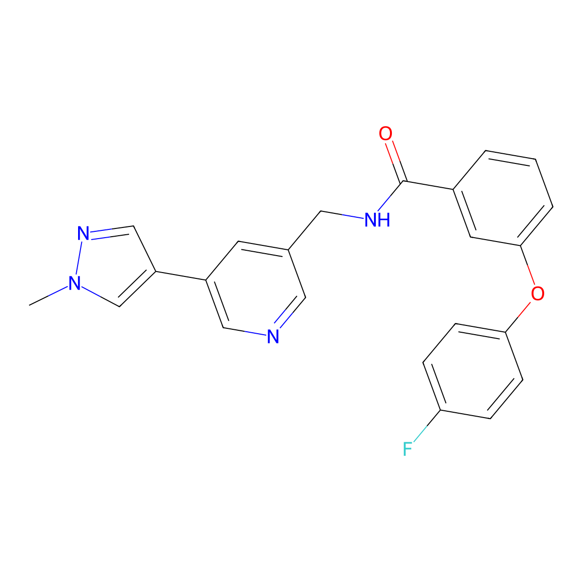 3-(4-fluorophenoxy)-N-((5-(1-methyl-1H-pyrazol-4-yl)pyridin-3-yl)methyl)benzamide molecular structure, CAS 2034308-45-5