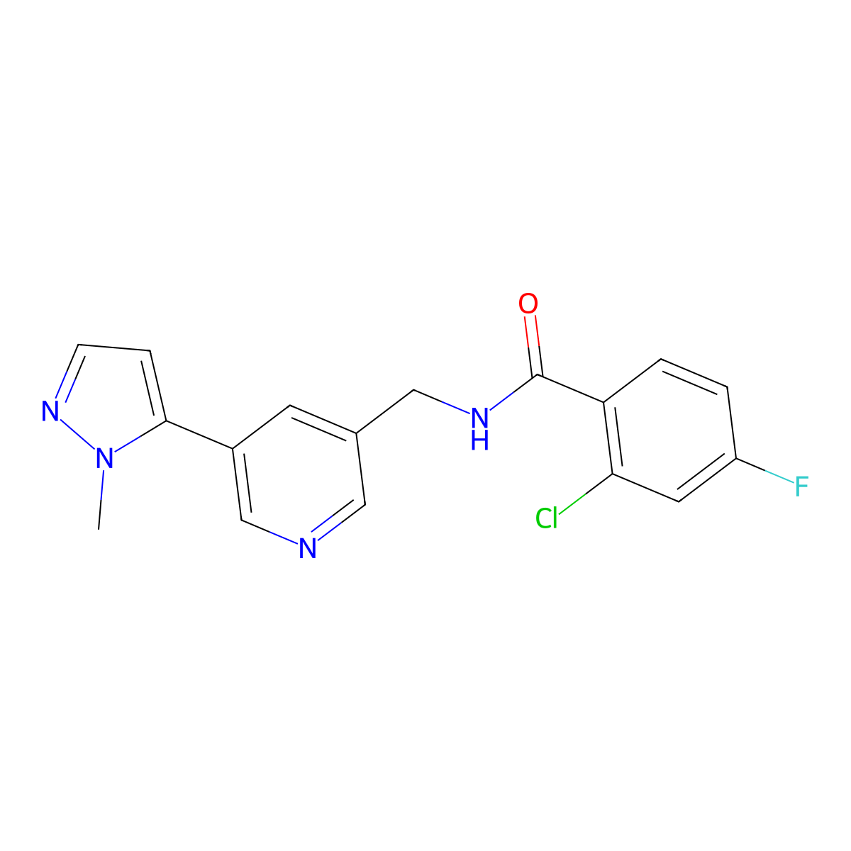 2-chloro-4-fluoro-N-((5-(1-methyl-1H-pyrazol-5-yl)pyridin-3-yl)methyl)benzamide molecular structure, CAS 2034308-46-6