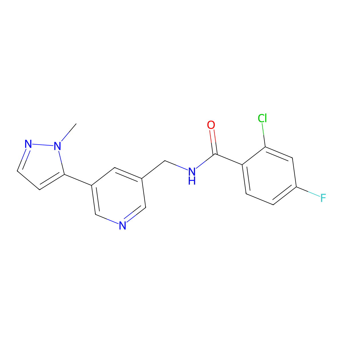 2-chloro-4-fluoro-N-((5-(1-methyl-1H-pyrazol-5-yl)pyridin-3-yl)methyl)benzamide molecular structure, CAS 2034308-46-6
