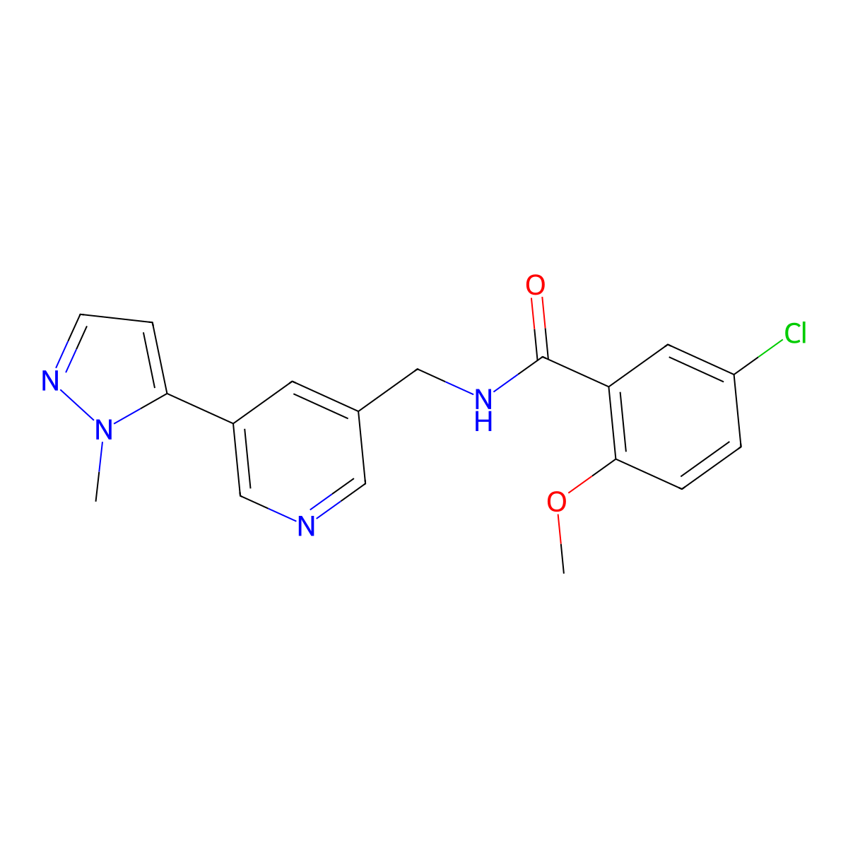 5-chloro-2-methoxy-N-((5-(1-methyl-1H-pyrazol-5-yl)pyridin-3-yl)methyl)benzamide molecular structure, CAS 2034308-50-2
