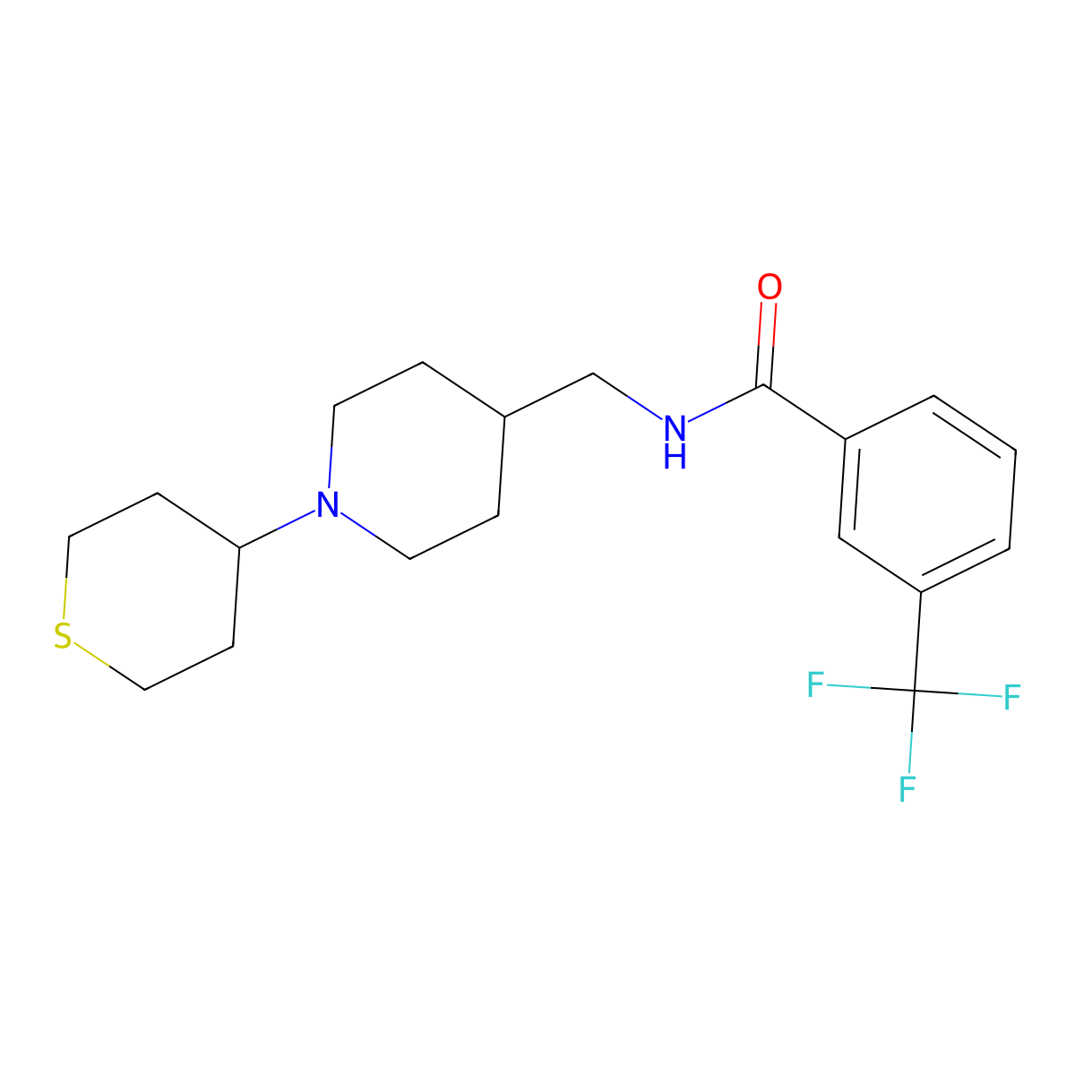 N-((1-(tetrahydro-2H-thiopyran-4-yl)piperidin-4-yl)methyl)-3-(trifluoromethyl)benzamide molecular structure, CAS 2034308-51-3