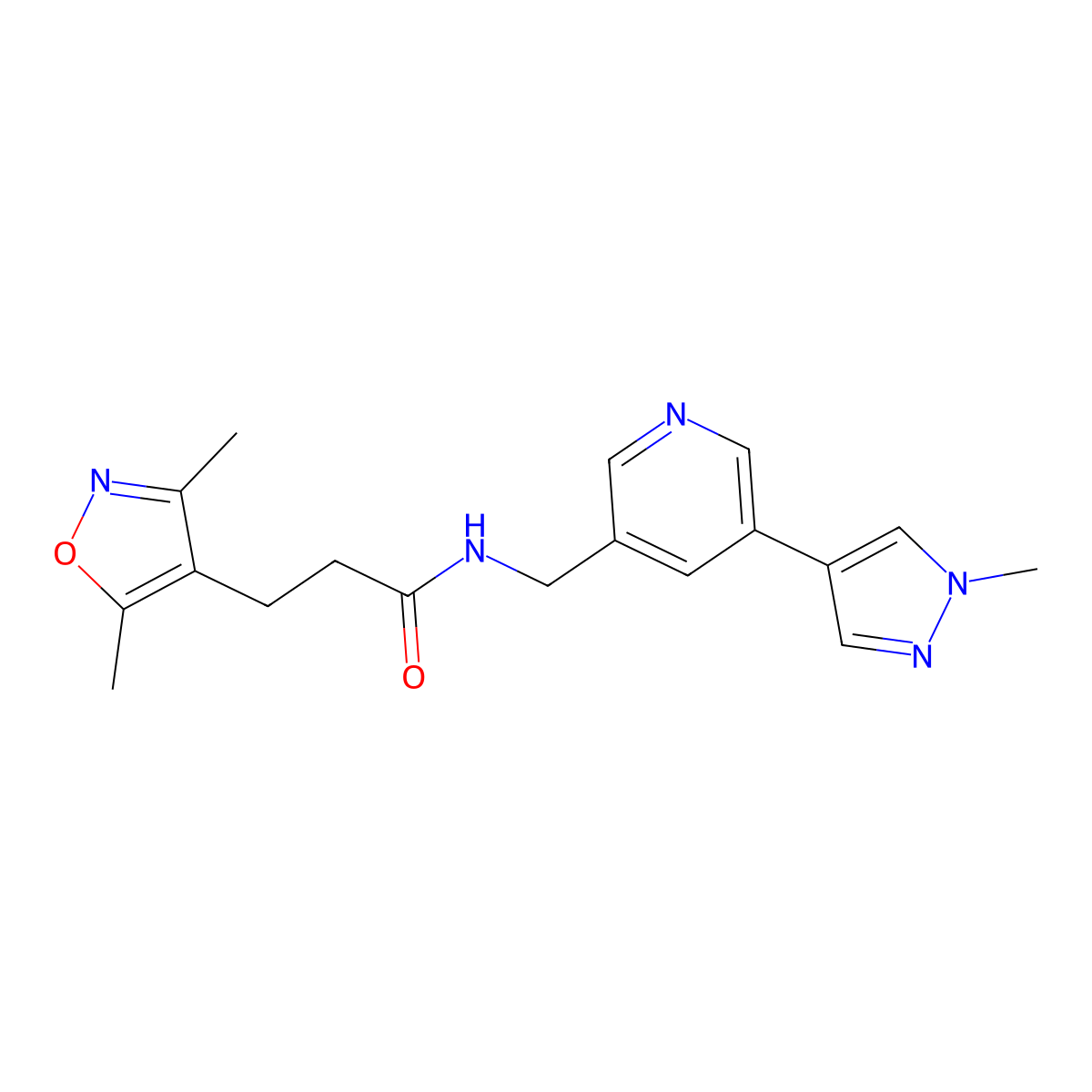 3-(3,5-dimethylisoxazol-4-yl)-N-((5-(1-methyl-1H-pyrazol-4-yl)pyridin-3-yl)methyl)propanamide molecular structure, CAS 2034308-52-4